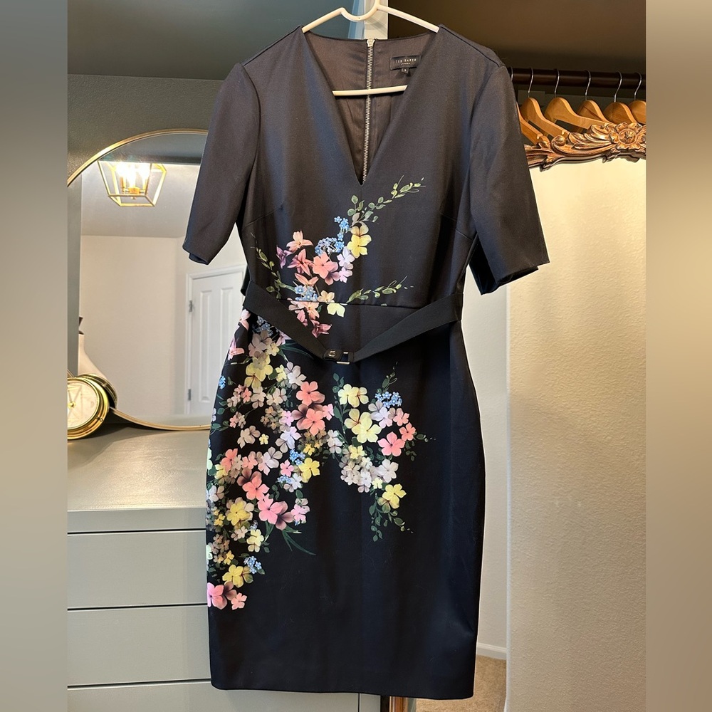 Ted Baker Black Sheath Dress with Floral Accents